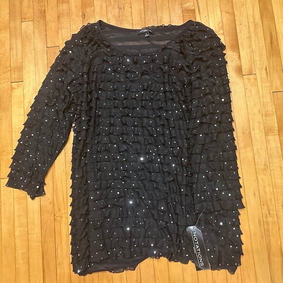 NWT. Notations brand, Black, Sparkly Sequins Top 3/4 sleeves and Ruffles - Picture 4 of 9